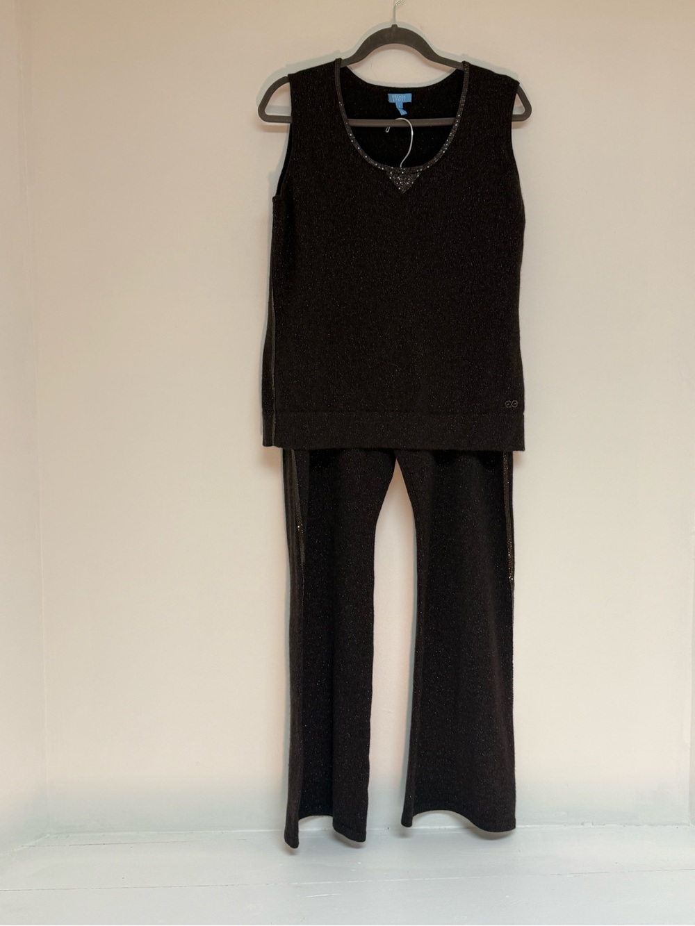 Escada Dark Brown Sparkly Sleeveless Knit Top & Wide-Leg Pants Set